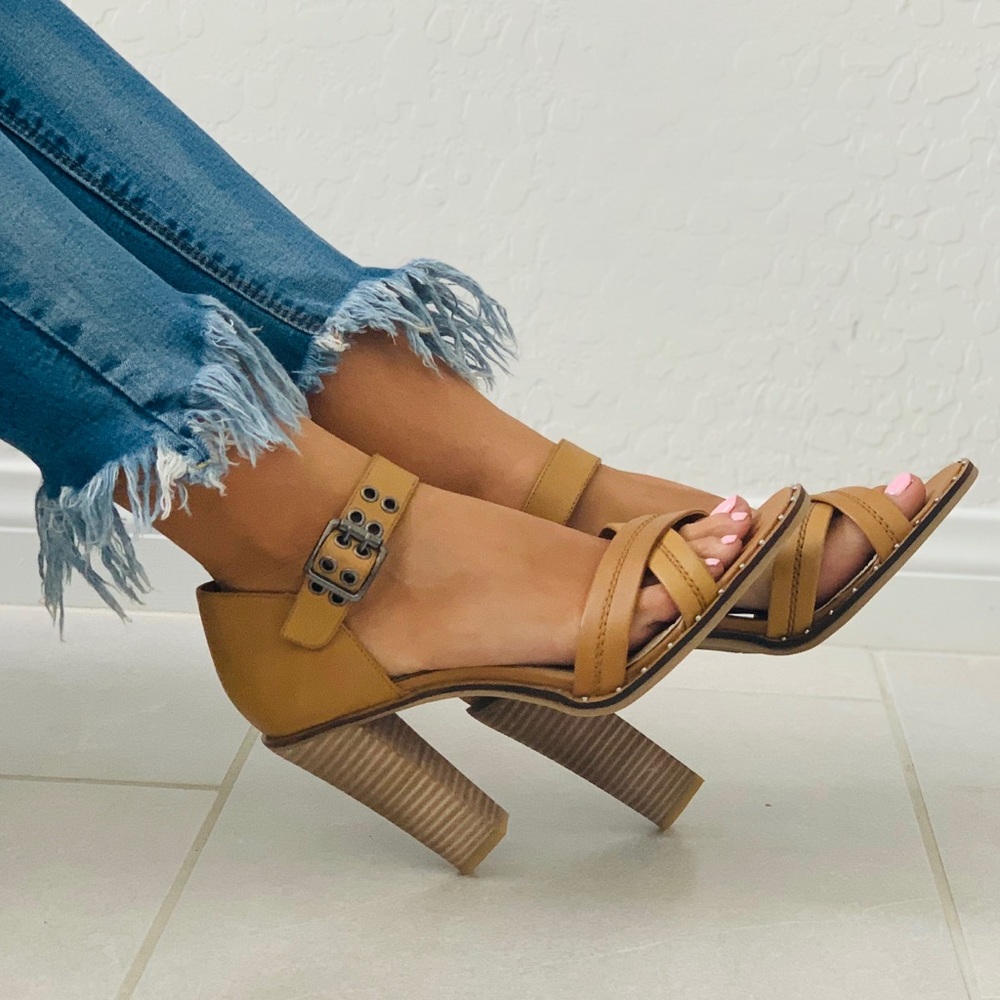 Tan Leather Mini Studs Block Heel Buckle Sandal - Picture 8 of 8